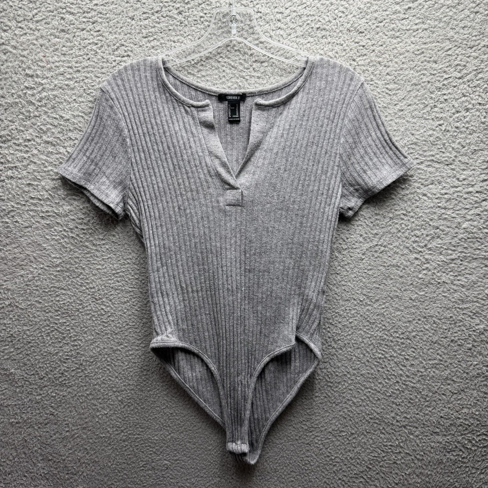 Forever 21 Bodysuit Women's Size XL Gray V-Neck Rib-Knit Short Sleeve Bodysuit